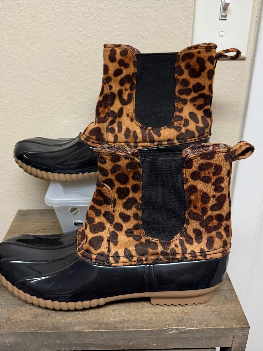 Woman’s Leopard Print Duck Boots with Black Toe